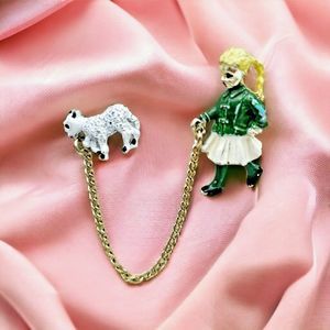 Double Brooch Vintage Blonde Girl Walking Lamb Pet Enamel Gold Tone Jewelry Pin